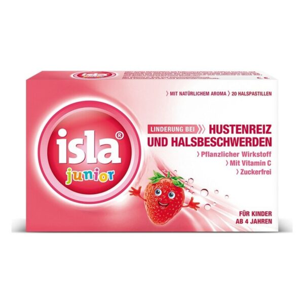 Verpackung von isla junior Halspastillen in rosa mit Erdbeergeschmack, für Kinder ab 4 Jahren, zuckerfrei.