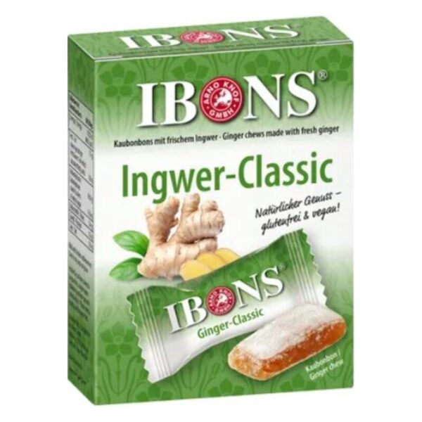 Grüne Verpackung mit der Aufschrift 'Ingwer-Classic', enthält Ingwer-Kaubonbons und frischen Ingwer