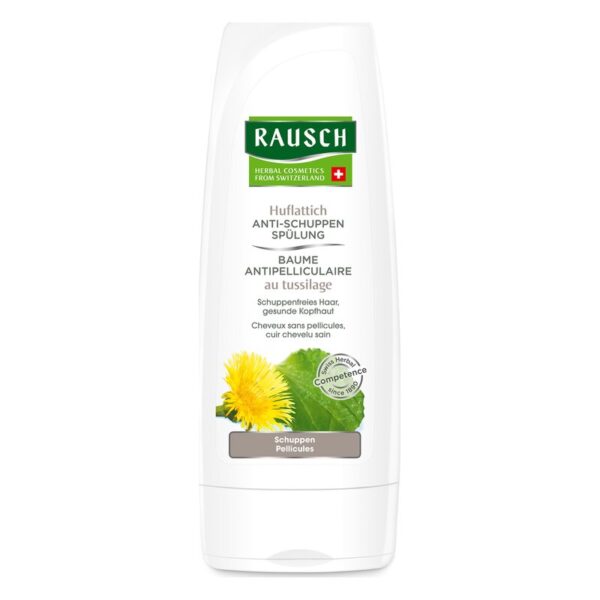 Flasche mit Huflattich Anti-Schuppen Spülung von Rausch, mit gelber Blume und grünen Blättern.