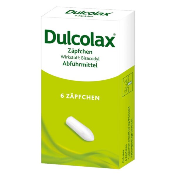 Dulcolax-Zäpfchen Verpackung, enthält Bisacodyl, zur Anwendung als Abführmittel, mit einer Zäpfchen-Darreichungsform.