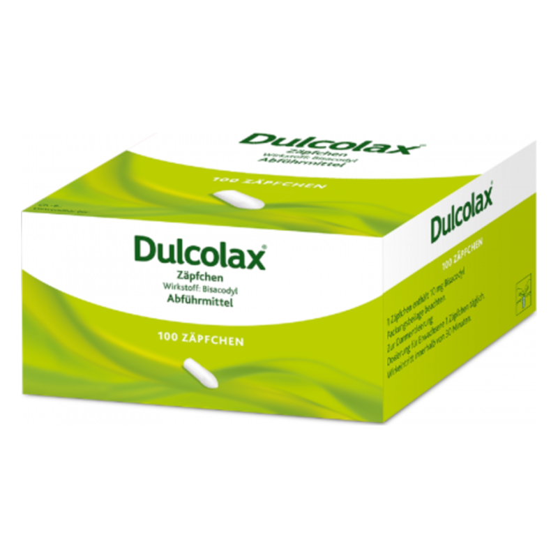 Verpackung von Dulcolax Zäpfchen in grünem Design mit Informationen zu Wirkstoff und Anwendung.