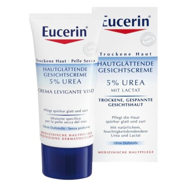Eucerin Gesichtscreme mit 5% Urea in Tube, zur Pflege trockener Haut, ohne Duftstoffe, mit Informationen auf Verpackung.