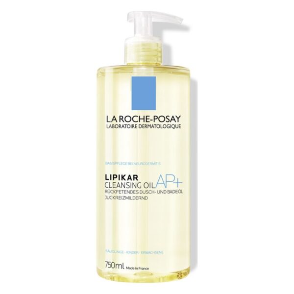 Flasche mit Rückfettendem Dusch- und Badeöl von La Roche-Posay, 750 ml, mit Pumpe und gelbem Inhalt.