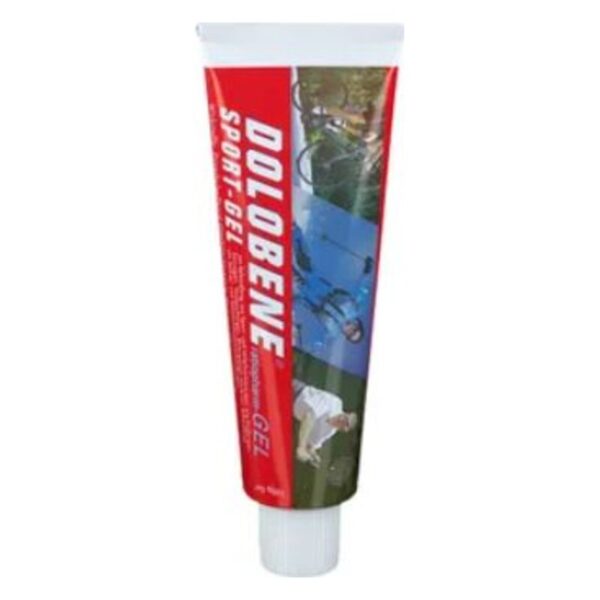 Tube mit Dolobene Sport-Gel, rot-weiße Verpackung, illustrative Bilder von Sportaktivitäten auf der Tube.
