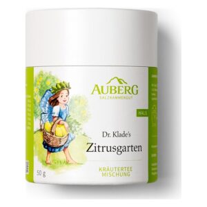 Rundes Teeglas mit grünem Etikett, abgebildet ist ein Mädchen mit Korb voller Zitrusfrüchte im Zitrussgarten.