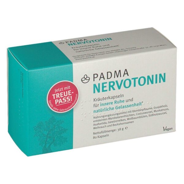 Verpackung von PADMA NERVOTONIN, Kräuterkapseln für innere Ruhe und Gelassenheit, in grüner Box mit weißem Text.