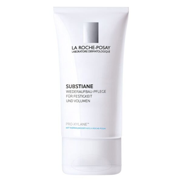 Tube mit Gesichtspflege von La Roche-Posay, beschriftet mit "Substiane, Wiederaufbau-Pflege für Festigkeit und Volumen".