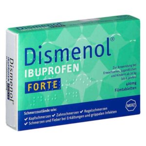 Packung mit Dismenol Ibuprofen Forte, 400mg Filmtabletten zur Behandlung von Schmerzen und Fieber.