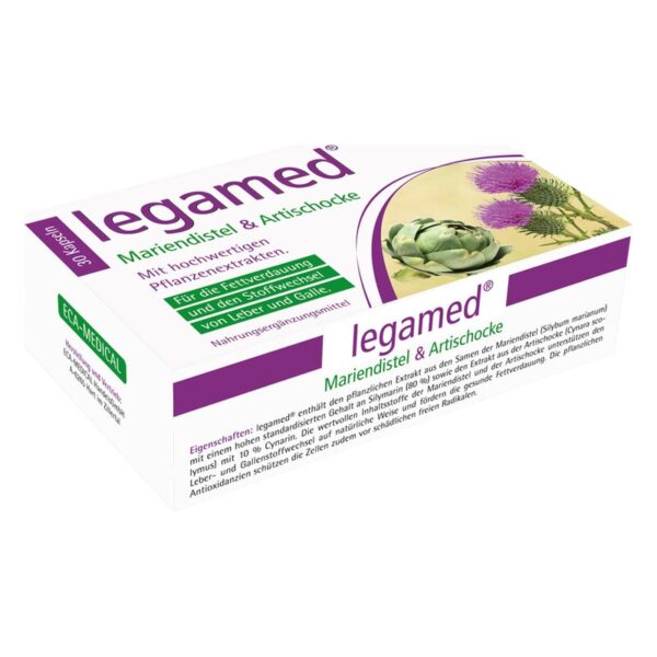 Verpackung von legamed Mariendistel & Artischocke mit Informationen über Anwendung und Inhaltsstoffe.