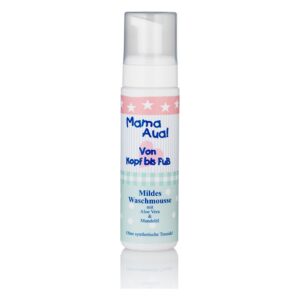 Pumpflasche mit mildem Waschmousse für Kinder, enthält Aloe Vera und Mandelöl, fröhliches Design mit Sternen.