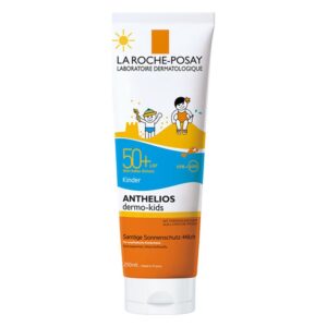 Sonnenschutzmittel für Kinder in einer Tube, mit buntem Design und Schutzfaktor 50+. Extra wasserfest.