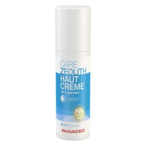 Tube zeolithhaltiger Hautcreme mit weißem und blauem Design, 50 ml, von Panaceo, gekennzeichnet mit "100 % reine Natur".