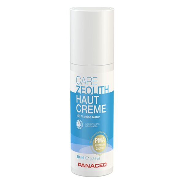 Tube zeolithhaltiger Hautcreme mit weißem und blauem Design, 50 ml, von Panaceo, gekennzeichnet mit "100 % reine Natur".
