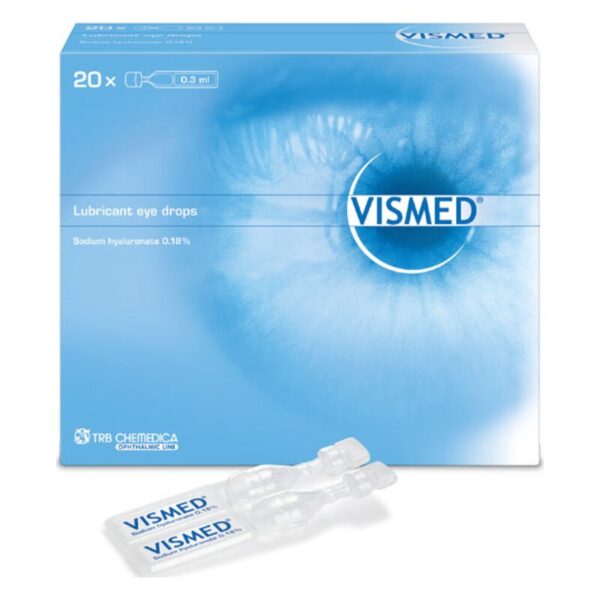Verpackung von Vismed Augentropfen, bestehend aus mehreren transparenten Ampullen mit einem blauen Design.