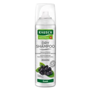 Sprühdose mit trockenem Shampoo von Rausch, silberne Verpackung mit schwarzem Aronia-Design, silikonfrei, frisch und voluminös.