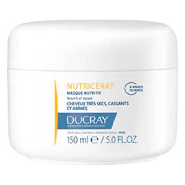 Nutrifizierende Haarmaske in einem weißen Kunststoffbehälter mit orange-blauer Schrift, für trockene und brüchige Haare.
