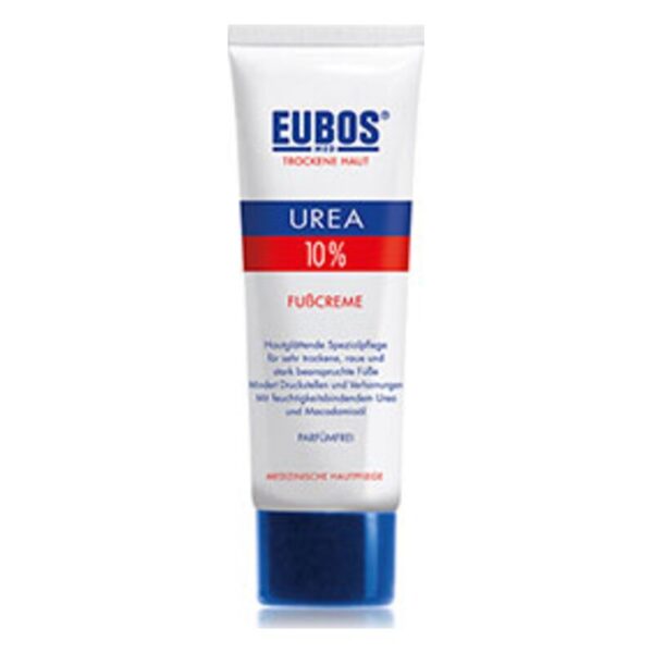 Tube mit EUBOS Fußcreme, 10% Urea, für trockene Haut, mit feuchtigkeitsspendenden Inhaltsstoffen.