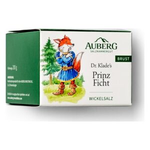 Verpackung von Dr. Klade's Prinz Ficht Wickelsalz mit einer illustrierten Füchsin in Ritterkleidung vor Bäumen.