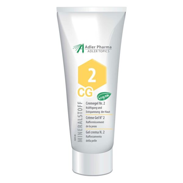 Tube mit Cremegel Nr. 2 von Adler Pharma, vegan, zur Straffung und Entspannung der Haut, mit mehrsprachiger Etikettierung.