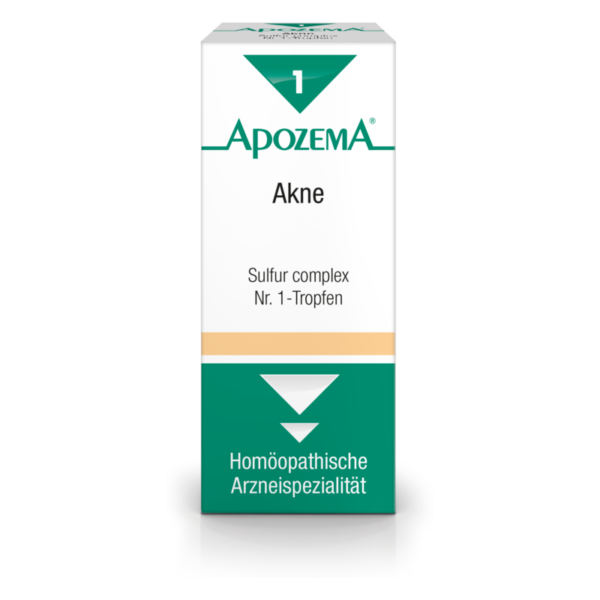 Packung mit homöopathischen Tropfen gegen Akne, grün-weiße Gestaltung mit Markenname und Beschreibung.