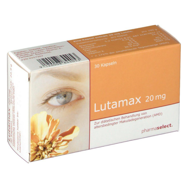 Verpackung von Lutamax 20 mg, 30 Kapseln, zur diätetischen Behandlung von altersbedingter Makuladegeneration