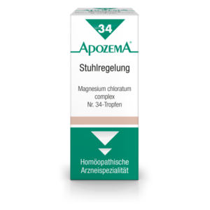 Verpackung von ApozemA Stuhlregelung, die Magnesium chloratum Tropfen anzeigt, mit grüner und weißer Gestaltung.