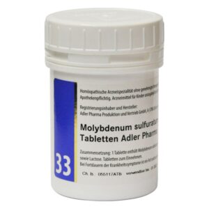 Weißer Behälter mit Schraubverschluss für homöopathische Molybdän-Tabletten, Etikett mit Inhaltsstoffen und Herstellerinformationen.