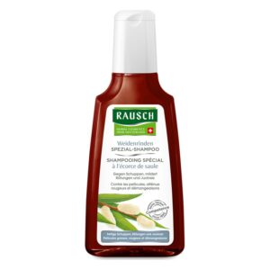 Flasche Weidenrinden Spezial-Shampoo von Rausch mit grünem Label und weißer Schrift, gegen Schuppen und für gereizte Kopfhaut.