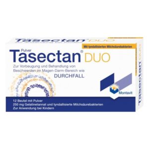 Packung Tasectan DUO Pulver zur Behandlung von Magen-Darm-Beschwerden, 12 Beutel, mit Gelatine und Milchsäurebakterien.