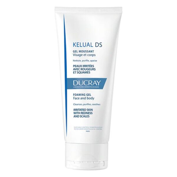 Weißer Tubenflakon mit blauem Label, enthält schäumendes Gel für gereizte Haut von Ducray.