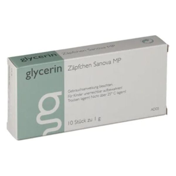 Verpackung für Glycerin-Zäpfchen Sanova MP mit Hinweis zu Lagerung und Gebrauchsanweisung.
