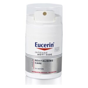 Eucerin Intensiv Anti-Age Pflege für Männer in weißem Pumpbehälter mit grauem Etikett.