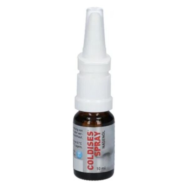 Braune Glasflasche mit weißem Sprühkopf, enthält Coldises Nasenspray zur Linderung von Erkältungssymptomen.