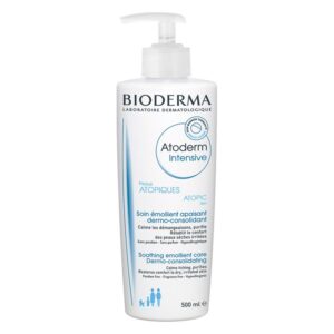 Flasche mit dermatologischer Creme Atoderm Intensive von Bioderma für atopische Haut, mit Pumpverschluss und 500 ml Inhalt.