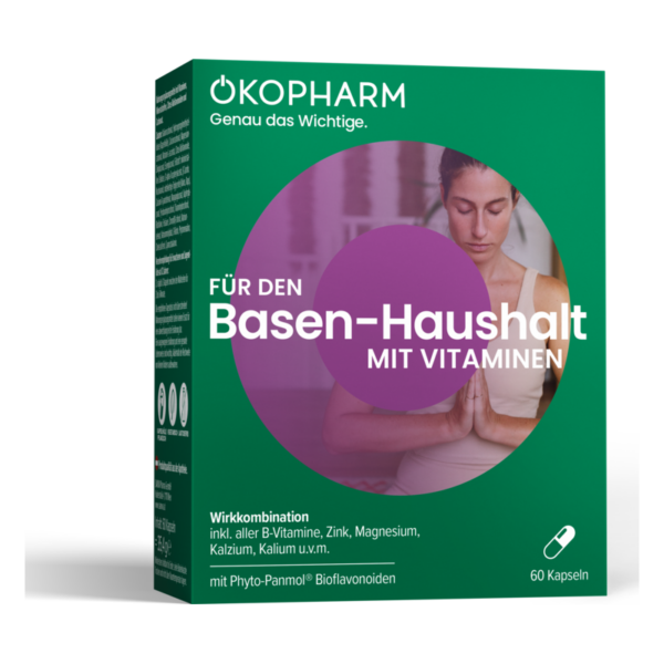 Verpackung für Basen-Haushalt mit Vitaminen, grüne Box mit lila Akzenten und Abbildung einer meditiierenden Frau.