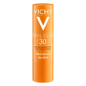 Vichy Lipstick mit Lichtschutzfaktor 30 in orangefarbener Verpackung, für hohe Sonnenschutzleistung.