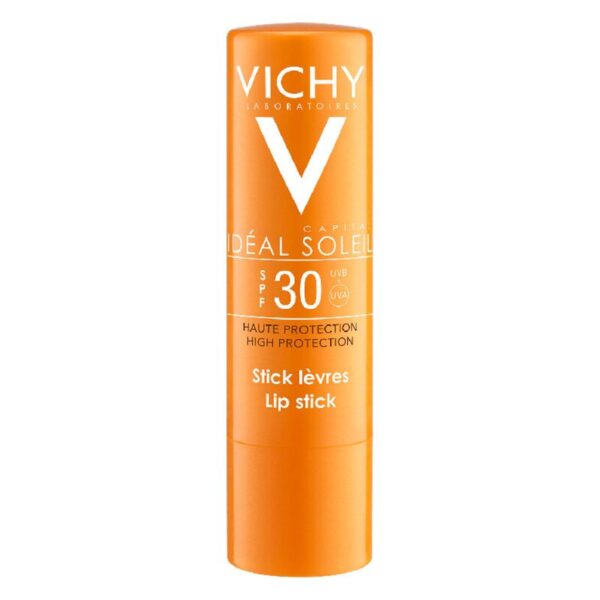 Vichy Lipstick mit Lichtschutzfaktor 30 in orangefarbener Verpackung, für hohe Sonnenschutzleistung.