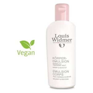 Flasche mit Louis Widmer Körperemulsion, rosa Deckel, für normale und trockene Haut, vegan, schützt und nährt.