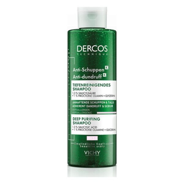Grüne Flasche mit tiefenreinigendem Anti-Schuppen-Shampoo von Vichy, enthält Salicylsäure und Glycerin.