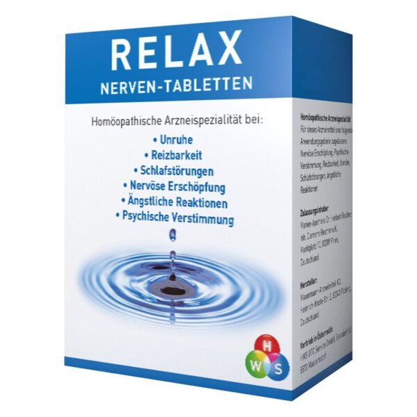Schachtel mit Relax Nerventabletten, blaues Design und Wasseroberfläche im Hintergrund, listet Anwendungsgebiete auf.