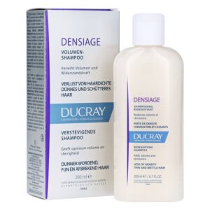 Flasche Densiage Volumenshampoo von Ducray, präsentiert mit Verpackung, 200 ml, für dünnes und schütteres Haar.