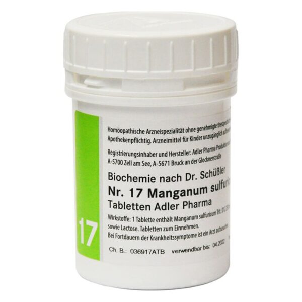 Weißer Plastikbehälter mit Deckel, enthält homöopathische Tabletten mit Mangansulfid, rechts mit grüner Beschriftung.