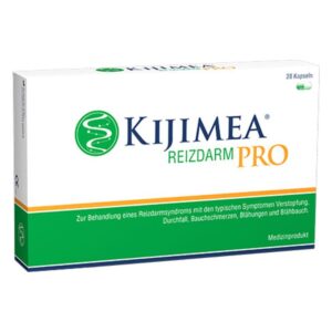 Verpackung von Kijimea Reizdarm Pro, einem Medikament zur Behandlung des Reizdarmsyndroms, mit orangefarbener Akzentlinie.