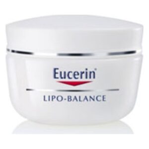 Weißer Tiegel mit Schraubdeckel und dem Schriftzug 'Eucerin Lipo-Balance' in blauer Schrift.