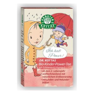 Paket des Bio-Kinder-Power-Tees mit fröhlichen Farbillustrationen von Kindern im Regen.