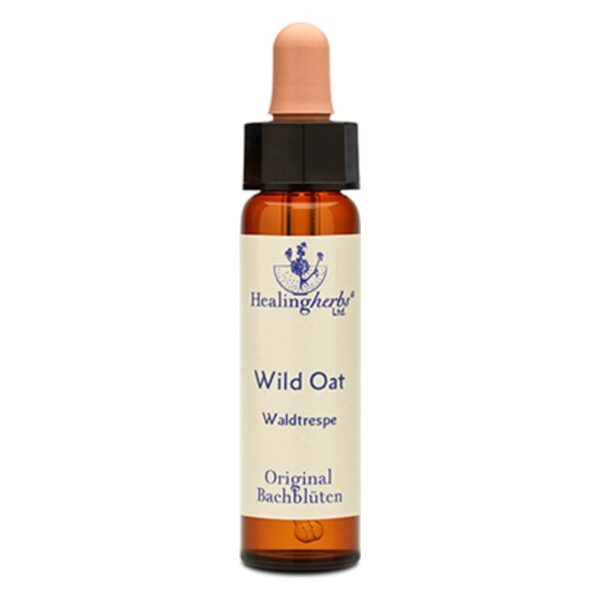 Braune Glasflasche mit Pipette und Etikett für Bachblütenmittel "Wild Oat" mit Angaben zur Anwendung.