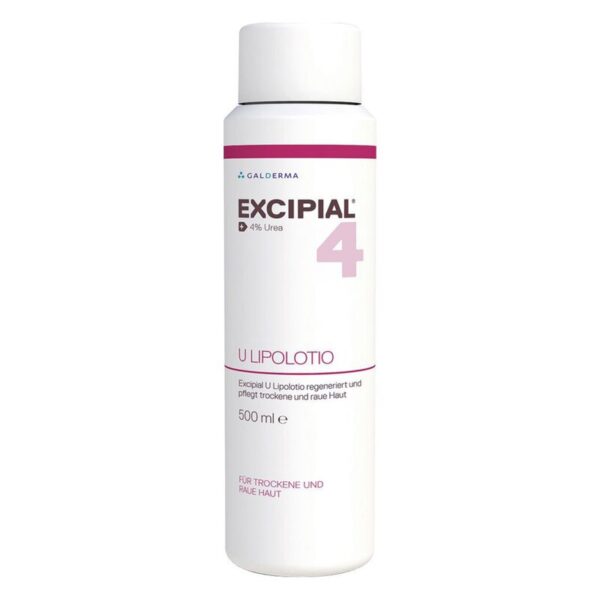 Flasche mit Excipial U Lipolotio, 500 ml, zur Pflege trockener und rauer Haut, enthält 4% Urea.