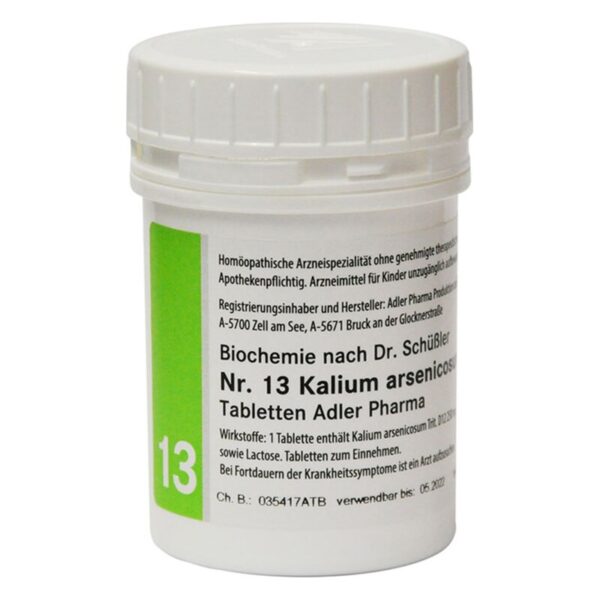 Weißer runder Kunststoffbehälter mit grüner Etikettierung für Kalium arsenicosum Tabletten von Adler Pharma.