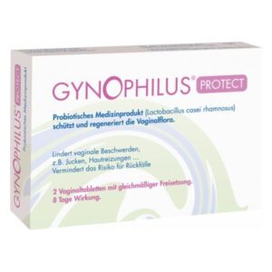 Packung GYNOPHILUS PROTECT, ein probiotisches Medizinprodukt zur Unterstützung der Vaginalflora.