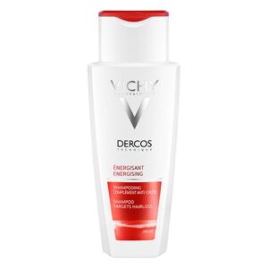 Weißer Shampoo-Flacon mit rotem Deckel, bezeichnet als Dercos Énergisant von Vichy, für dünner werdendes Haar.